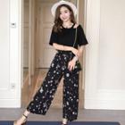 Set: Short-sleeve Cut Out T-shirt + Cropped Wide Leg Pants