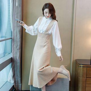 Set: Plain Blouse + Midi Knit Pinafore Dress