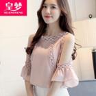 Elbow-sleeve Cold Shoulder Lace Panel Chiffon Top