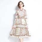 Long-sleeve Patterned Collared Midi A-line Dress