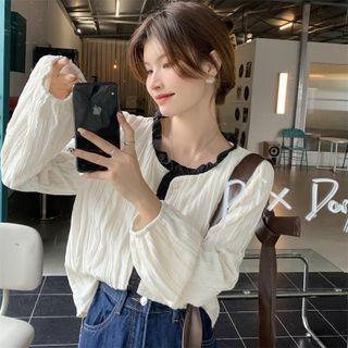 Long-sleeve Contrast Trim Frill Trim Blouse
