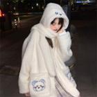 Bear Embroidered Hooded Fluffy Jacket