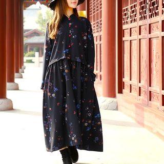 Floral Print Long-sleeve A-line Midi Dress Flower - Black - One Size