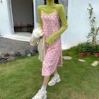 Mock-turtleneck Long-sleeve T-shirt / Floral Print Pinafore Dress