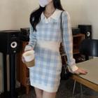 Set: Collared Gingham Cropped Sweater + Mini Pencil Skirt Set Of 2 - Sweater & Skirt - Blue - One Size