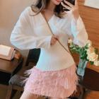 V-neck Long-sleeve Knit Top / Fringe Mini Skirt