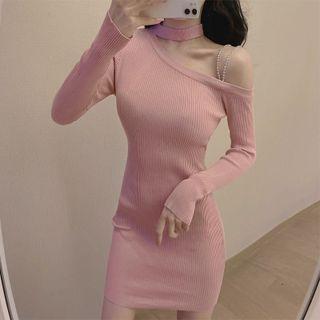 Long-sleeve Cut Out Knit Sheath Dress