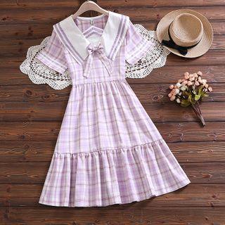 Short-sleeve Sailor Collar Plaid Midi A-line Dress