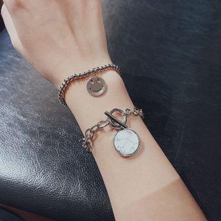 Set Of 2: Smiley / Marble Print Disc Alloy Bracelet Set Of 2 - As Shown In Figure - One Size