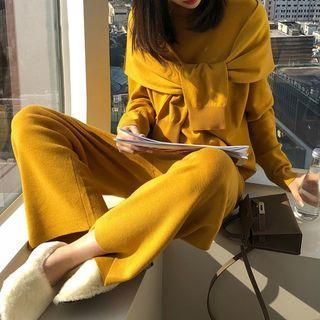 Set: Plain Sweater + Wide-leg Pants + Shawl