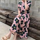 Short-sleeve Floral A-line Midi Dress Pink - One Size
