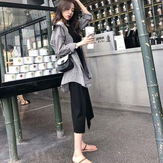 Set: Loose-fit Check Shirt + Spaghetti-strap Midi Dress