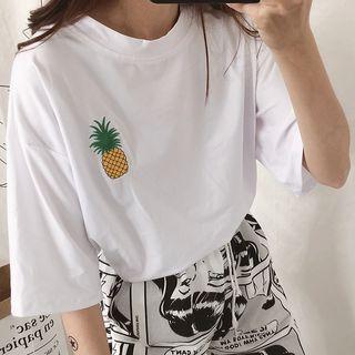 Elbow-sleeve Pineapple Embroidered T-shirt