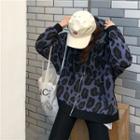 Leopard Print Zip Hooded Jacket/ Slit-side Midi Skirt