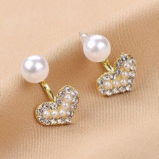 Faux Pearl Rhinestone Heart Stud Earring 1 Pair - Qr4 - Gold & White - One Size