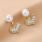 Faux Pearl Rhinestone Heart Stud Earring 1 Pair - Qr4 - Gold & White - One Size