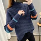Turtleneck Striped Cable-knit Sweater