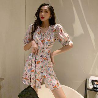 Floral Print V-neck Single-breasted Elbow-sleeve Dress
