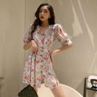 Floral Print V-neck Single-breasted Elbow-sleeve Dress