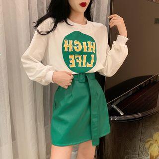 Long-sleeve Lettering Top / Faux Leather Skirt