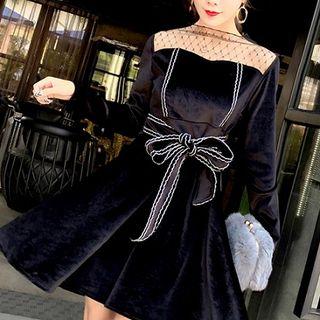 Color-block Mesh Panel Velvet Long-sleeve Dress
