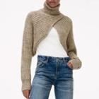 Long-sleeve Turtleneck Plain Cropped Knit Top Khaki - One Size
