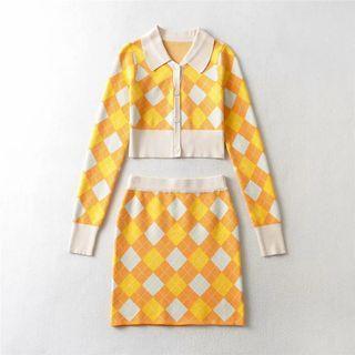 Set: Argyle Print Polo-neck Cardigan + Knit Skirt