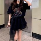 Elbow-sleeve Print T-shirt / Asymmetrical Mesh Skirt