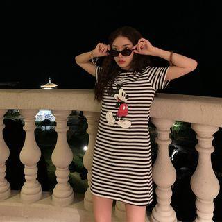Mickey Mouse Print Stripe T-shirt Dress Black - One Size