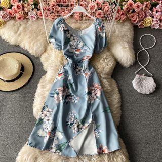 Puff Sleeve Floral Print Slit Dress