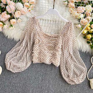 Square-neck Ruched Dotted Chiffon Blouse