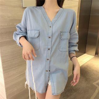 Lace-up Back Denim Shirt As Shown In Figure - One Size