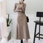 Turtleneck Long-sleeve Midi Knit Sheath Dress
