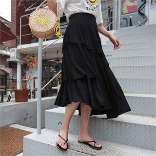 Diagonal Ruffle Tiered Long Skirt