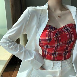 Long-sleeve Plain Shirt / Plaid Tube Top
