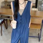 V-neck Denim Wide Leg Jumpsuit