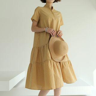 Mandarin-collar Gingham Long Tiered Dress