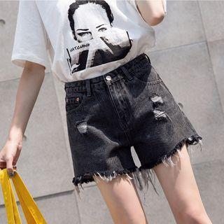 High-waist Frayed Ripped Denim Shorts