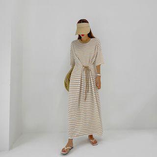 Self-tie Stripe Maxi T-shirt Dress
