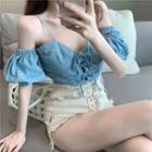 Denim Short-sleeve Top Blue - One Size