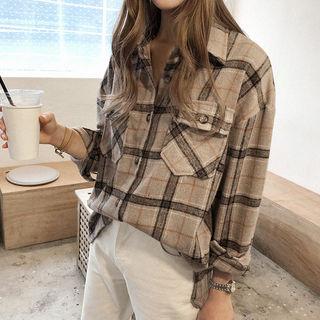 Flap-pocket Plaid Flannel Shirt Dark Beige - One Size