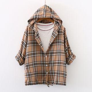 3/4-sleeve Plaid Buttoned Jacket
