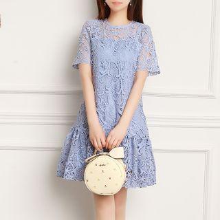 Ruffle Trim Short Sleeve Lace Dress With Slipdress