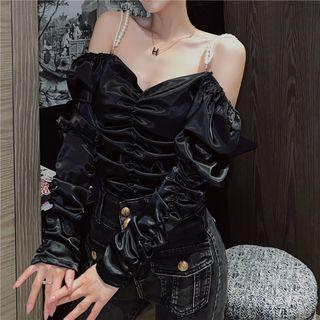 Cold-shoulder Faux Pearl Strap Shirred Blouse