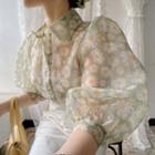 Lace-trim Daisy Print Mesh Shirt