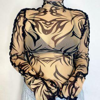 Long-sleeve Print Sheer Top