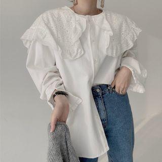 Crochet Lace Collared Oversized Shirt Off-white - One Size