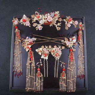 Chinese Traditional Wedding Headpiece Small Pink Flower - Gold - One Size