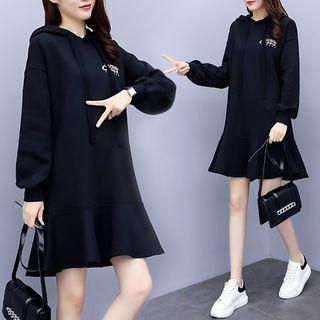 Ruffle-hem Lettering Mini Hoodie Dress