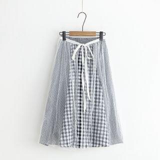 Mesh Overlay Plaid Midi Skirt